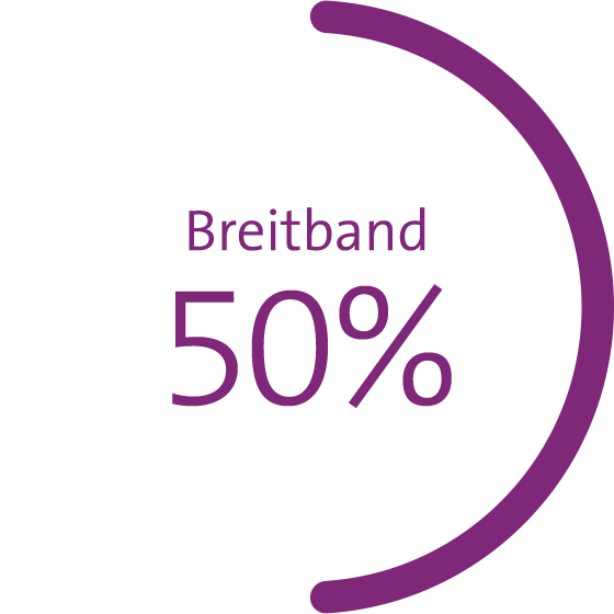 Grafik zeigt Marktanteil in Prozent: Mobilfunk 55%*, Breitband 50%, TV 39%
