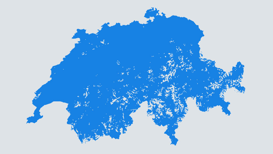 Karte der Schweiz, blau gefärbt darauf, das Mobilfunknetz